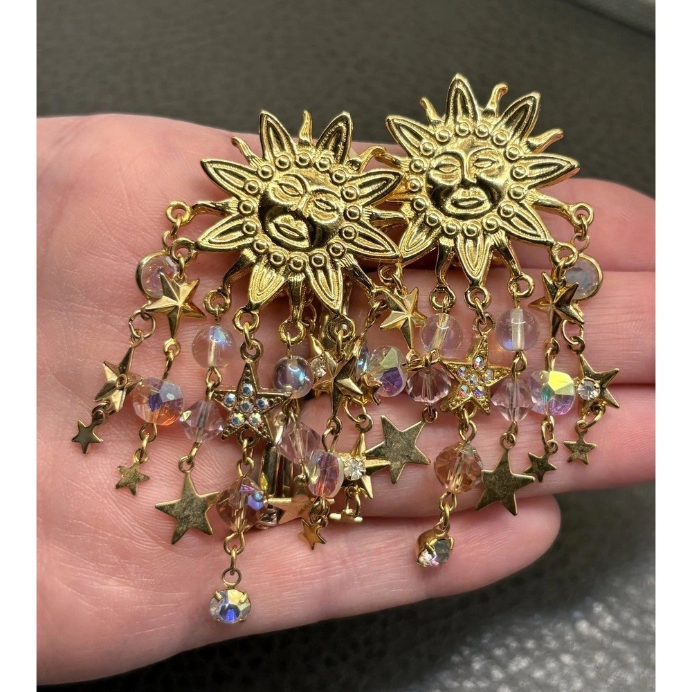 Kirks Folly Celestial Sun Face Chandelier Earrings AB Crystal Beads Rhinestones